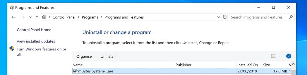 Uninstall mBytes System Care Virus