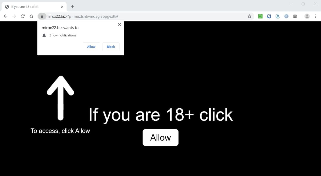 Image: Chrome browser is redirected to Mirox22.biz