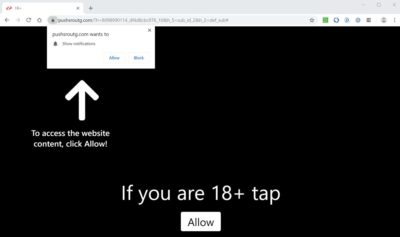 Image: Chrome browser is redirected to Pushsroutg.com