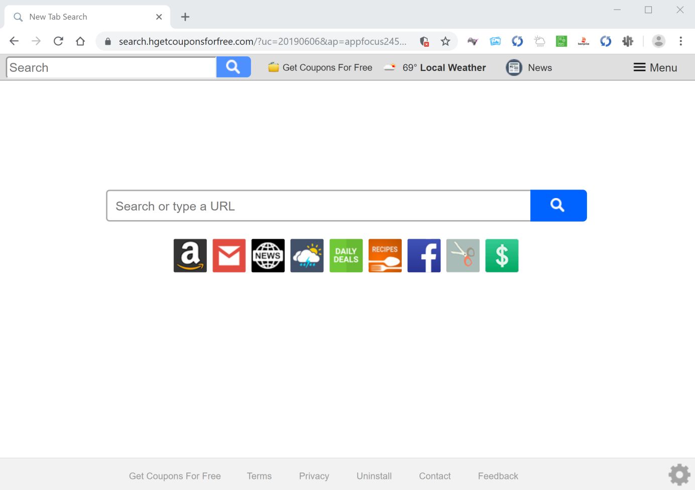 Image: Chrome browser is redirected to search.hgetcouponsforfree.com