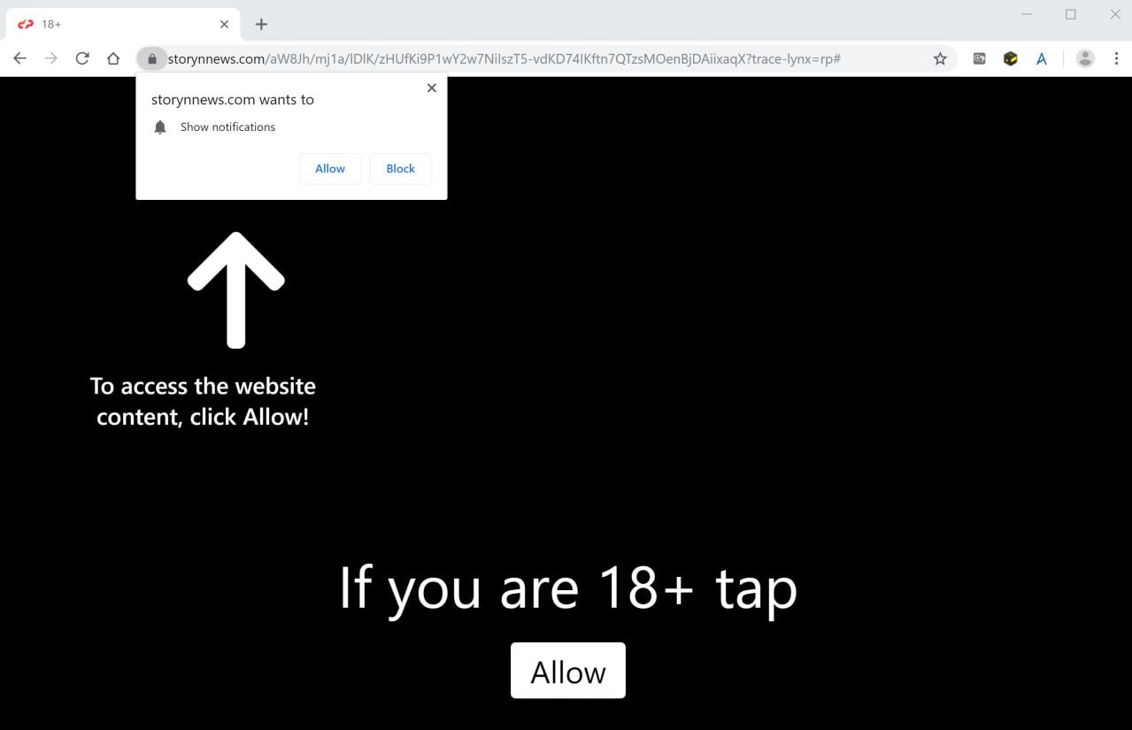 Image: Chrome browser is redirected to Storynnews.com