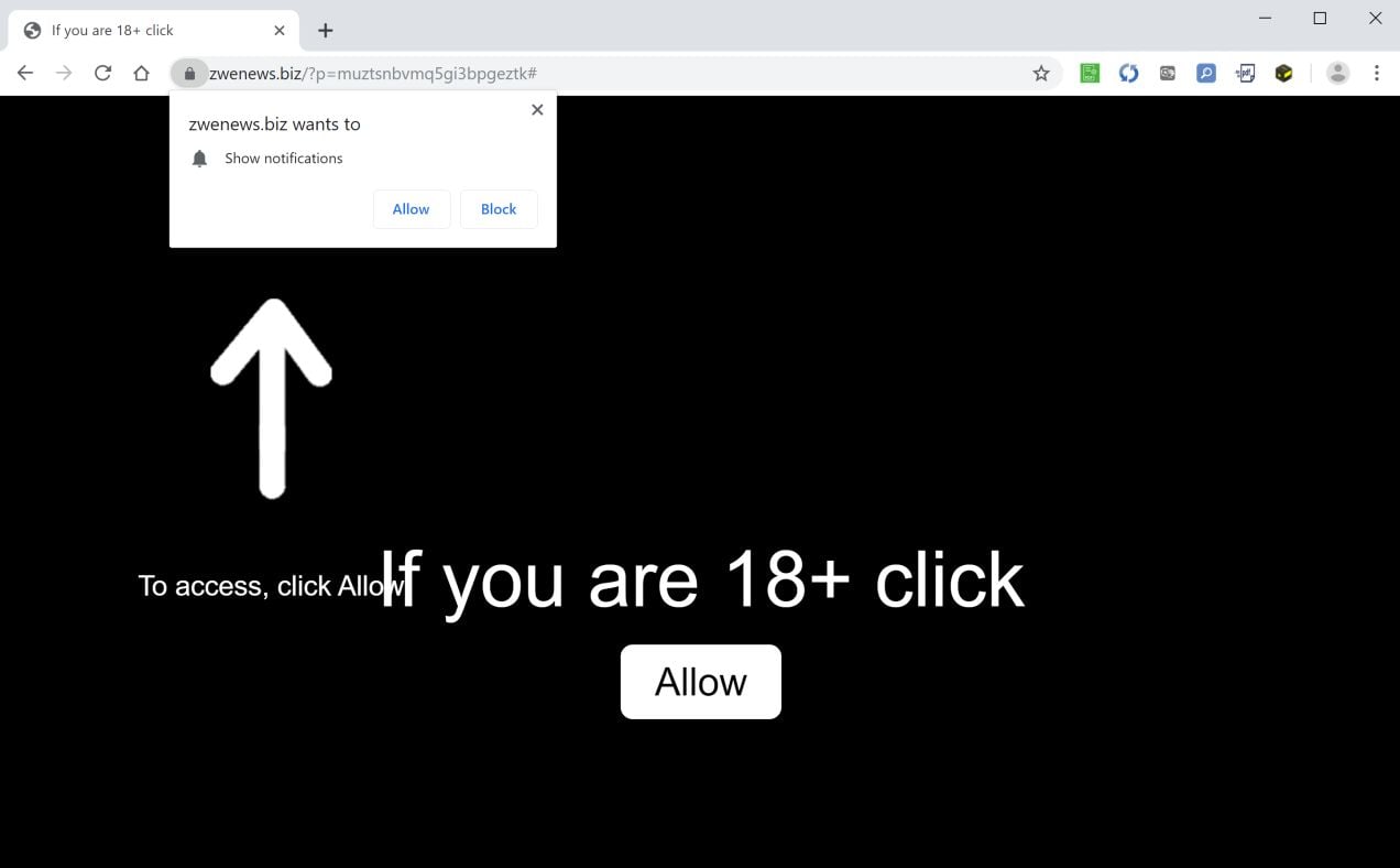 Image: Chrome browser is redirected to Zwenews.biz