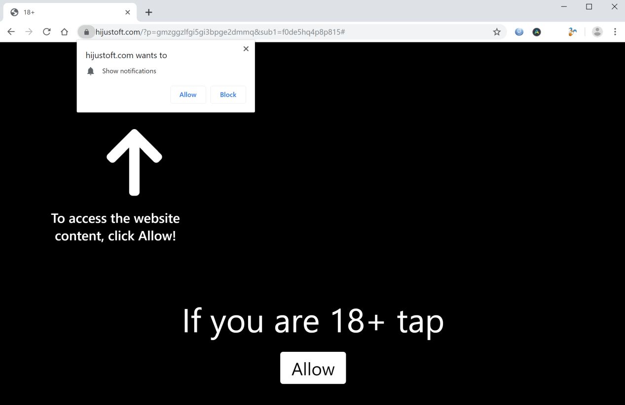 Image: Chrome browser is redirected to Hijustoft.com