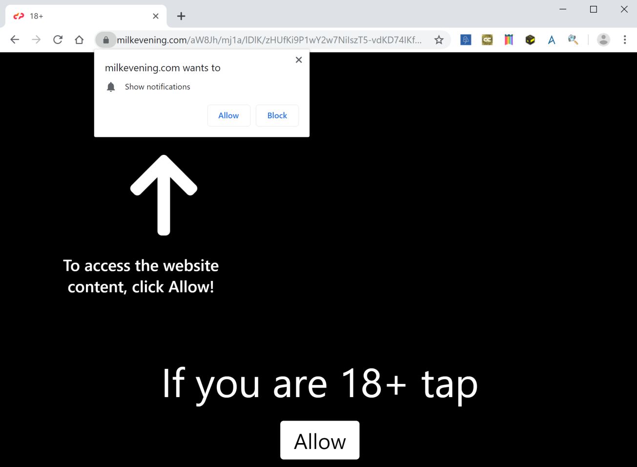 Image: Google Chrome is redirected to Milkevening.com
