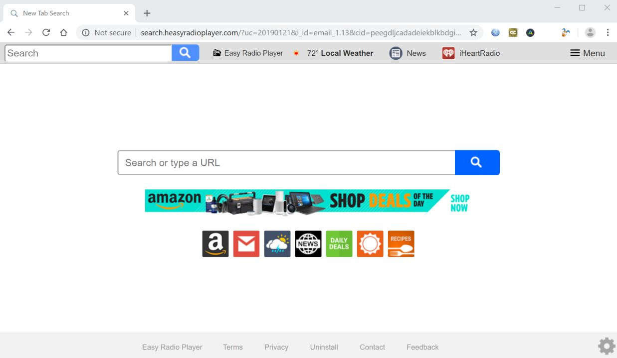 Image: Chrome browser is redirected to search.heasyradioplayer.com