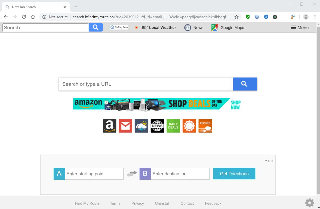 Image: Chrome browser is redirected to search.hfindmyroute.co