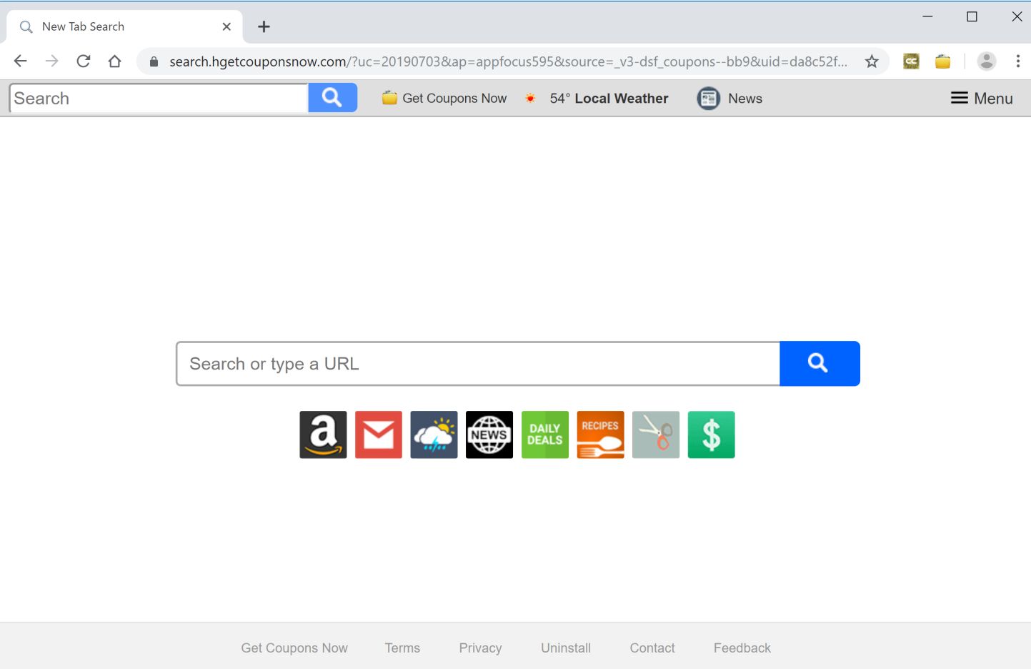 Image: Chrome browser is redirected to search.hgetcouponsnow.com