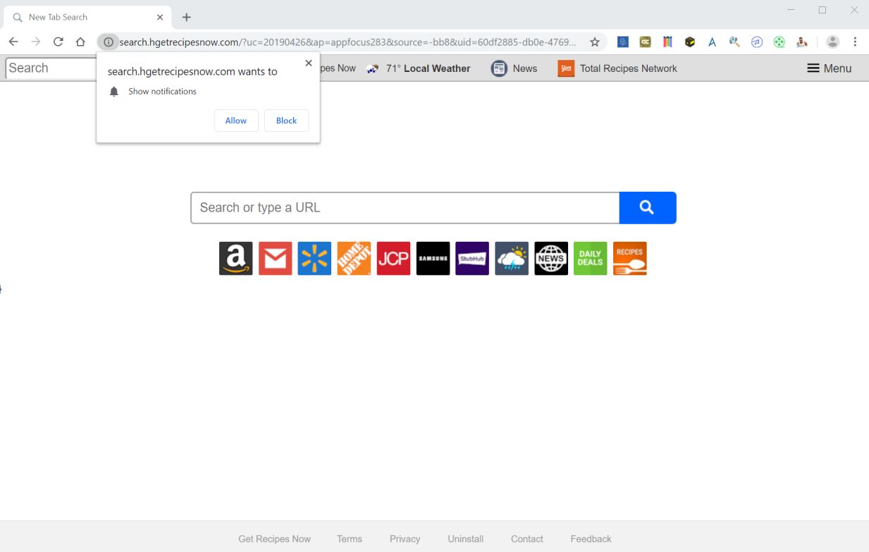 Image: Chrome browser is redirected to search.hgetrecipesnow.com