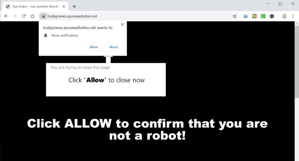 Image: Chrome browser is redirected to Todaynews.azurewebsites.net