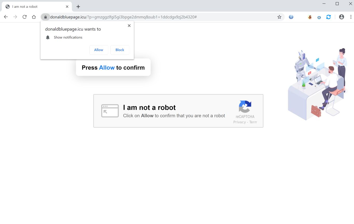 Image: Chrome browser is redirected to Donaldbluepage.icu