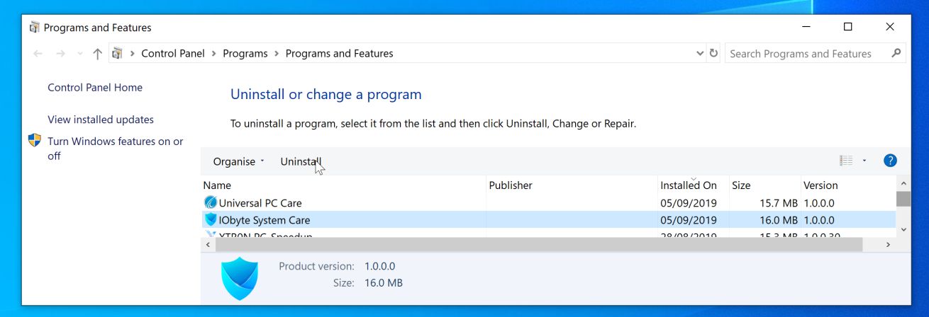 Uninstall IObyte System Care Virus