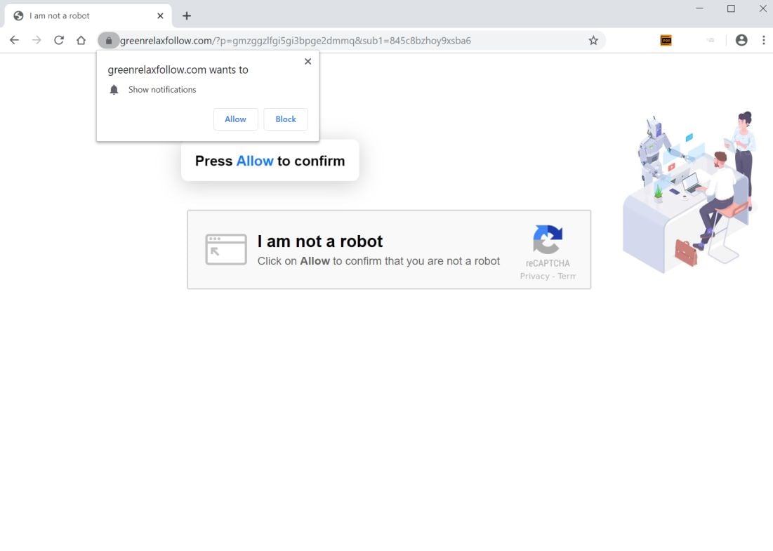 Image: Chrome browser is redirected to Greenrelaxfollow.com