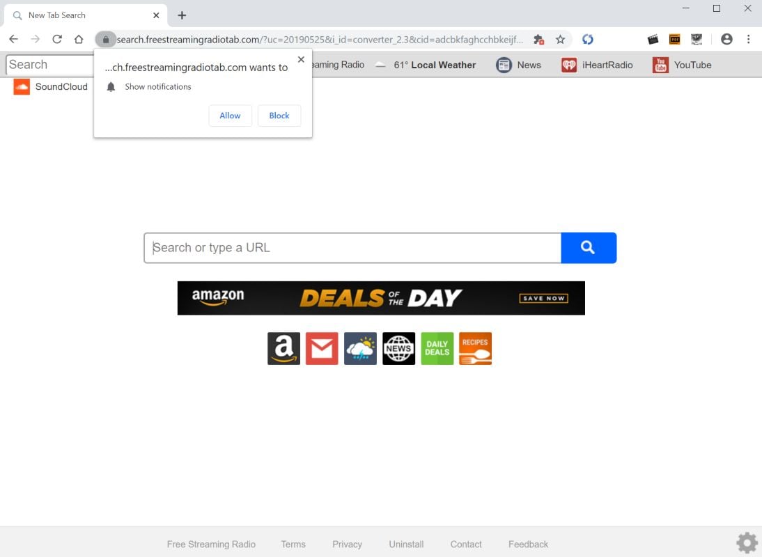 Image: Chrome browser is redirected to search.freestreamingradiotab.com