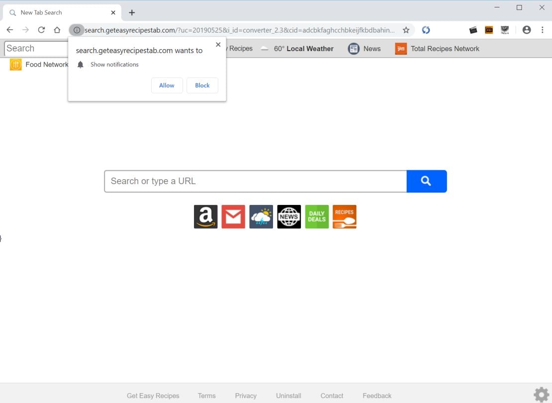 Image: Chrome browser is redirected to search.geteasyrecipestab.com