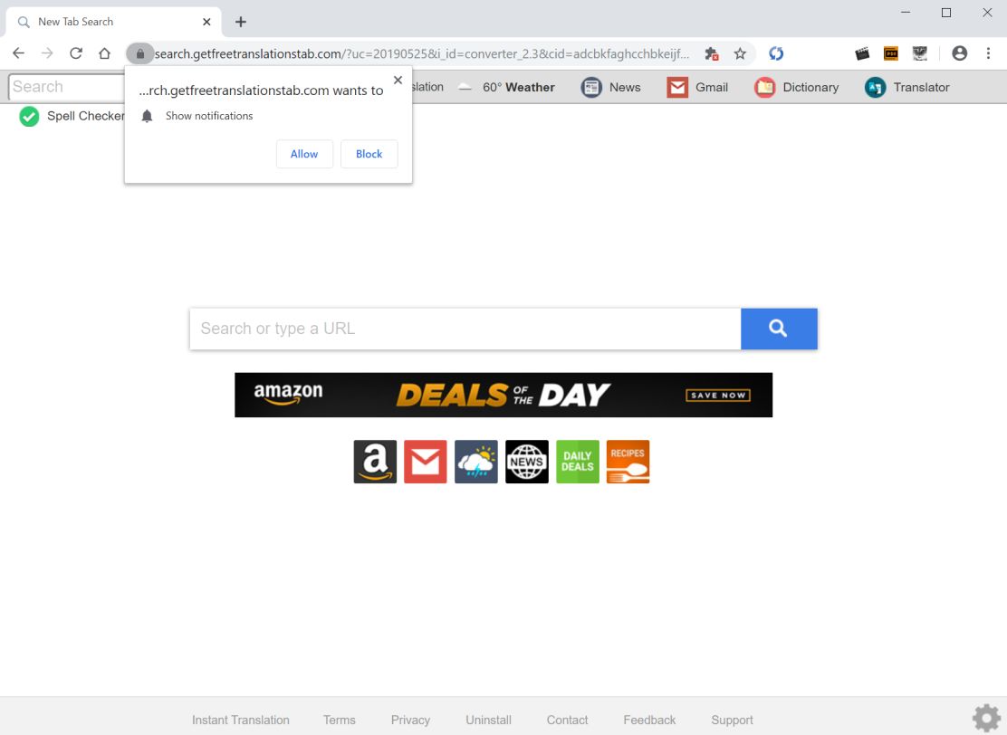 Image: Chrome browser is redirected to search.getfreetranslationstab.com