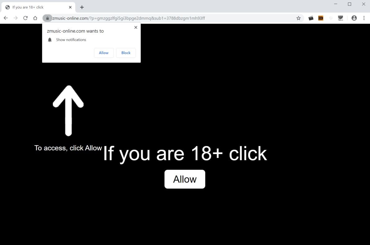 Image: Chrome browser is redirected to Zmusic-online.com