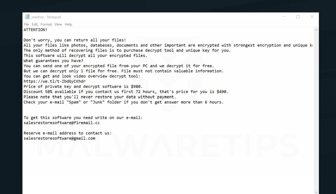 Image: Salesrestoresoftware@firemail.cc Ransomware