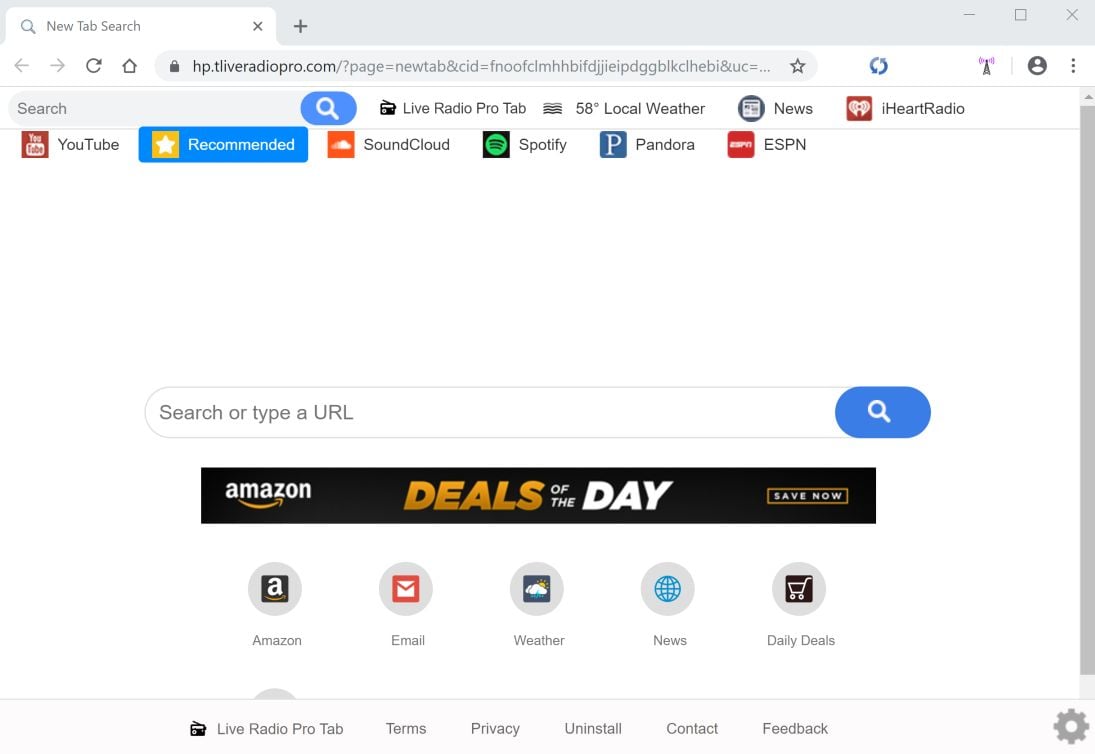 Image: Chrome browser is redirected to search.tliveradiopro.com