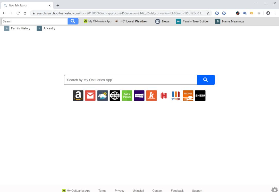 Image: Chrome browser is redirected to search.searchobituariestab.com
