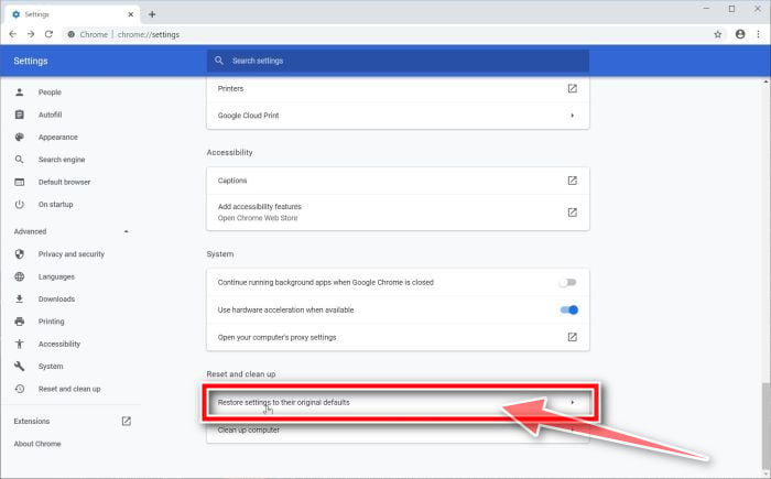 Chrome Click Restore settings to their orginal defaults