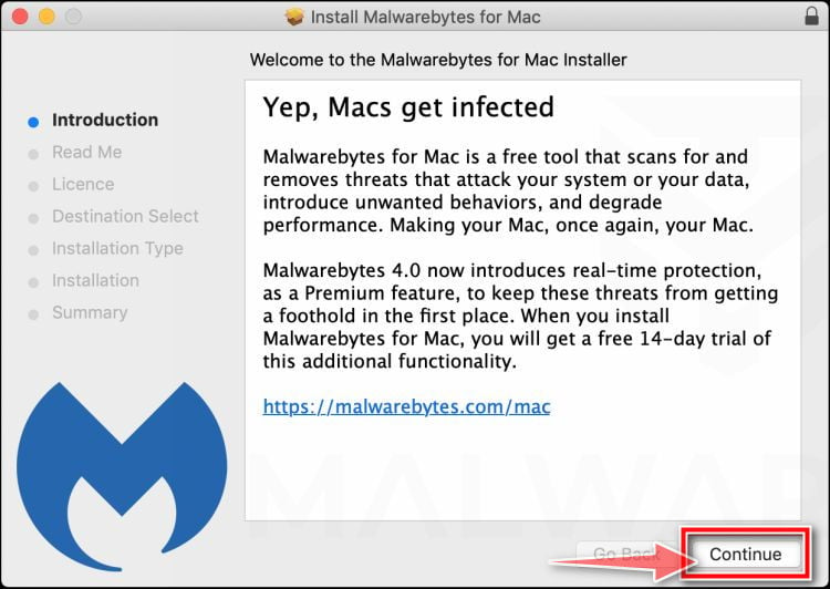 Нажмите «Продолжить», чтобы установить Malwarebytes для Mac.
