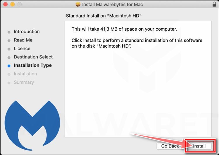 Нажмите «Установить», чтобы установить Malwarebytes на Mac.