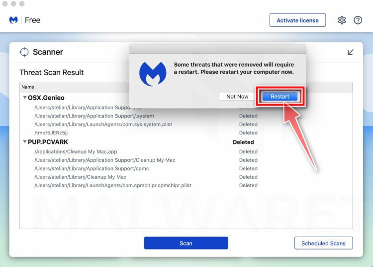 Malwarebytes For Mac fordert einen Neustart des Computers an