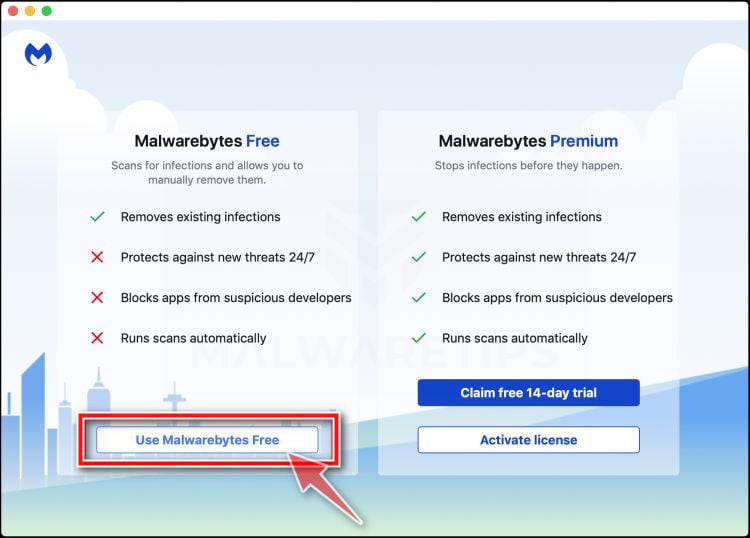 Klicken Sie auf Malwarebytes Free Mac verwenden