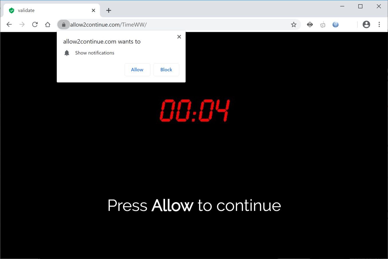 Image: Chrome browser is redirected to Allow2continue.com