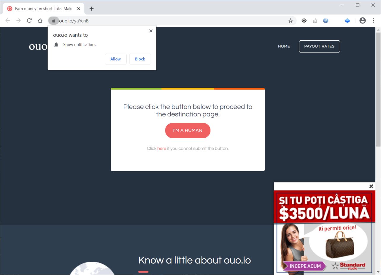 Image: Chrome browser is redirected to Ouo.io