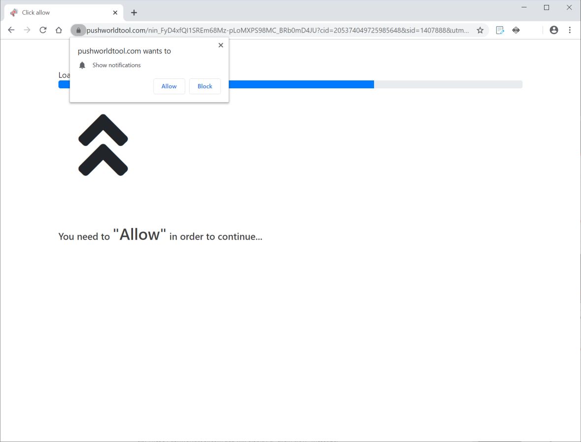 Image: Chrome browser is redirected to Pushworldtool.com