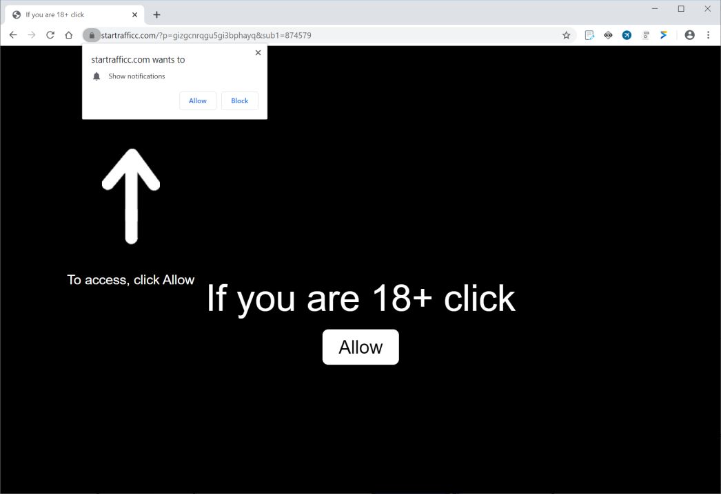 Image: Chrome browser is redirected to Startrafficc.com