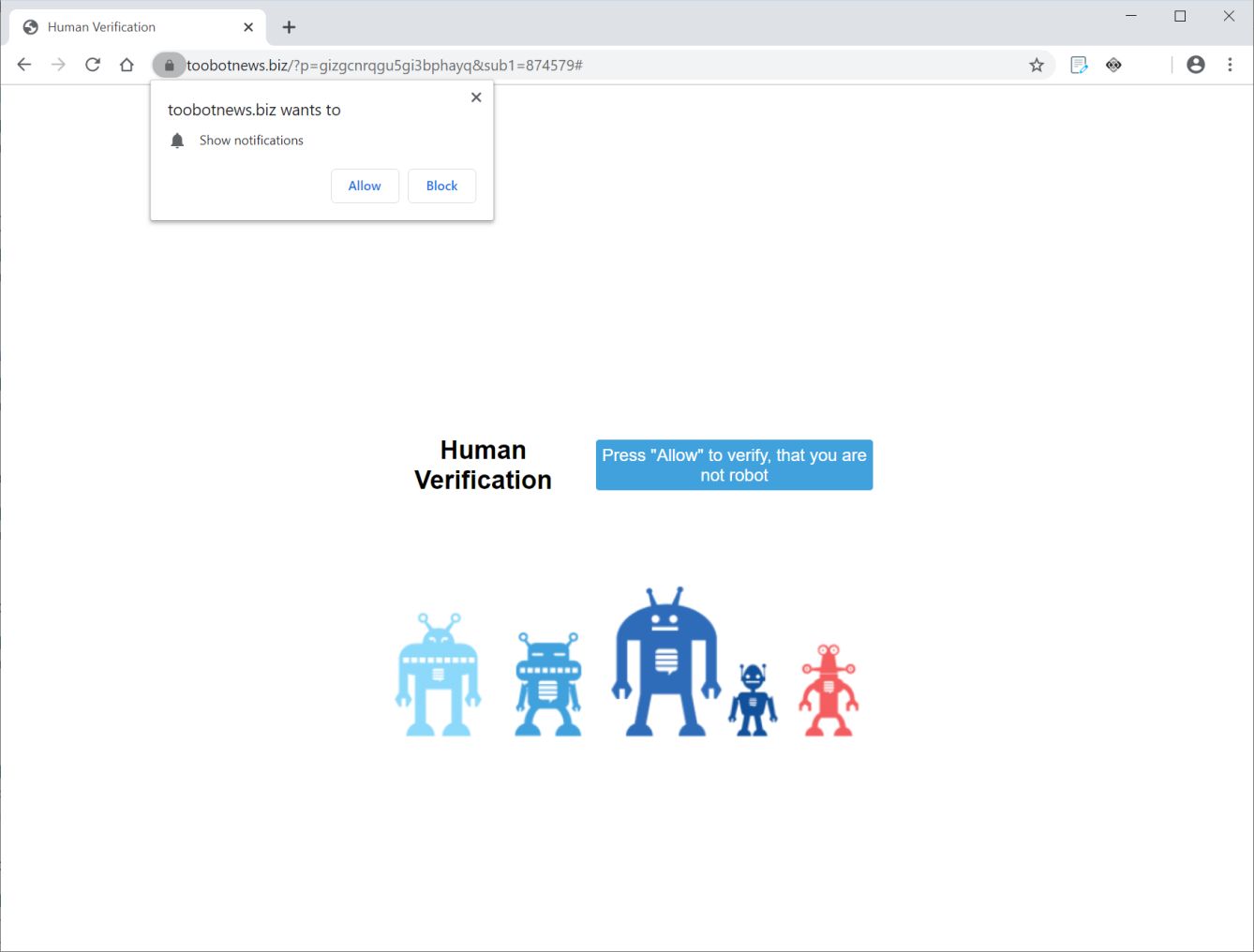 Image: Chrome browser is redirected to Toobotnews.biz