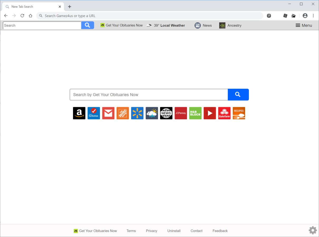 Image: Chrome browser is redirected to search.getyourobituariesnowtab.com