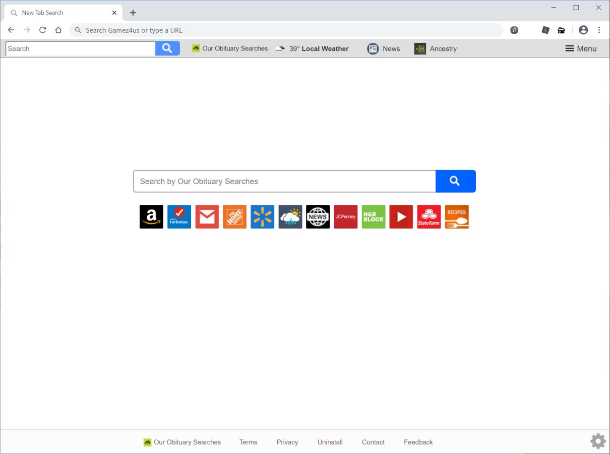 Image: Chrome browser is redirected to search.ourobituarysearchtab.com