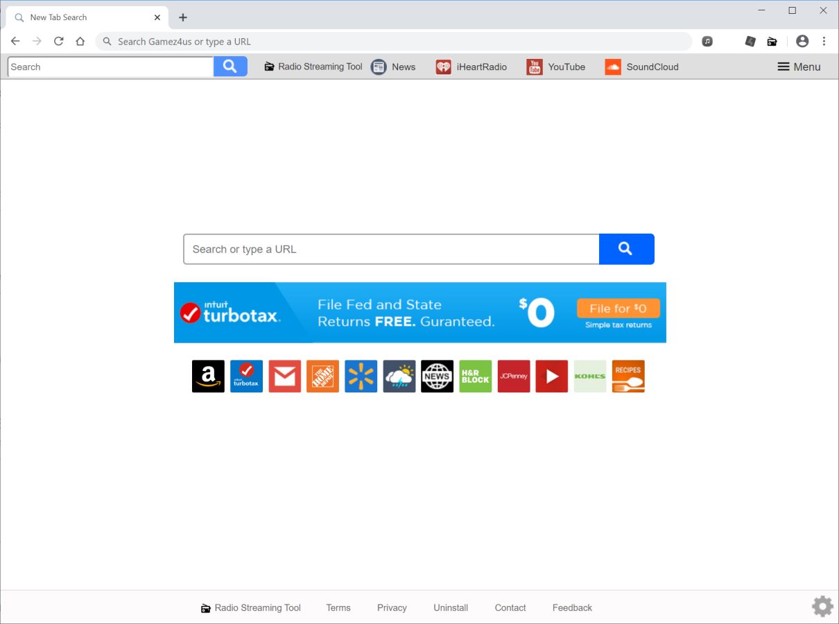 Image: Chrome browser is redirected to search.radiostreamingtooltab.com