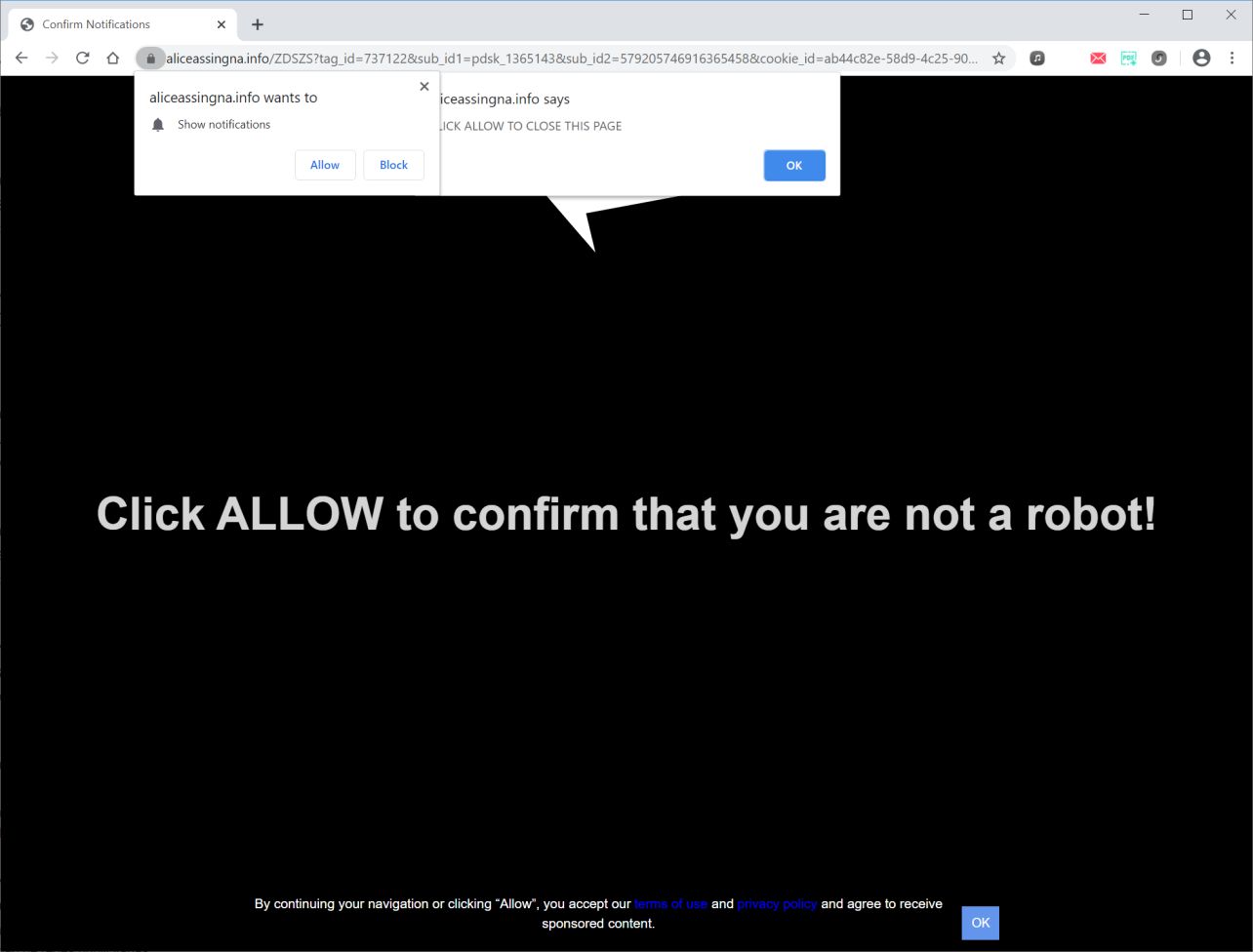 Image: Chrome browser is redirected to Aliceassingna.info