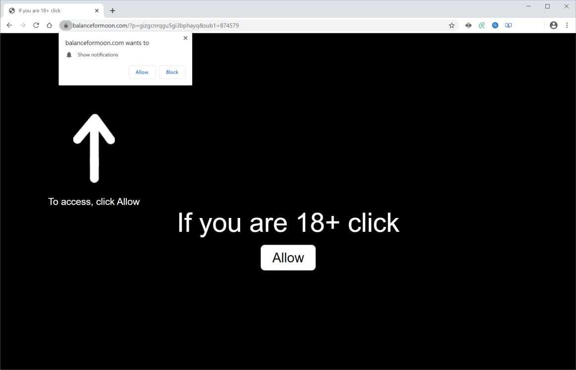 Image: Chrome browser is redirected to Balanceformoon.com