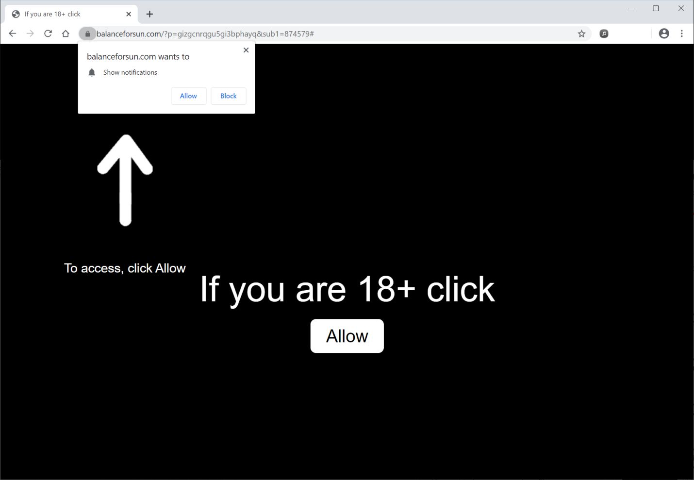 Image: Chrome browser is redirected to Balanceforsun.com