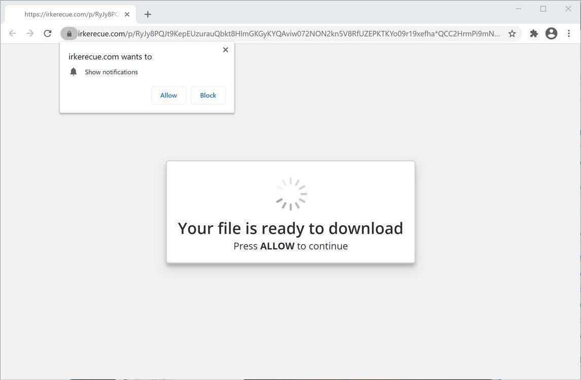 Image: Chrome browser is redirected to Irkerecue.com