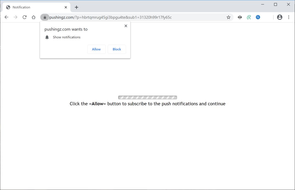 Image: Chrome browser is redirected to Pushingz.com