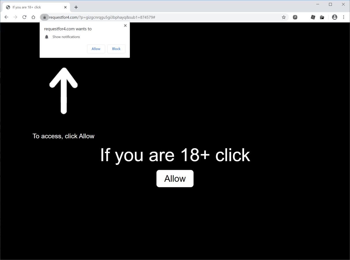 Image: Chrome browser is redirected to Requestfor4.com