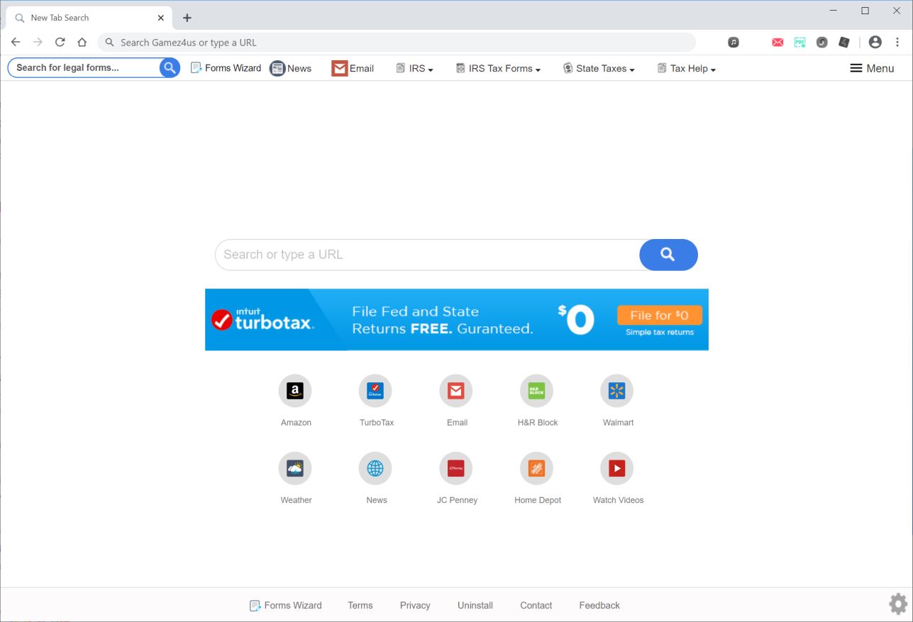 Image: Chrome browser is redirected to search.formswizardtab.com