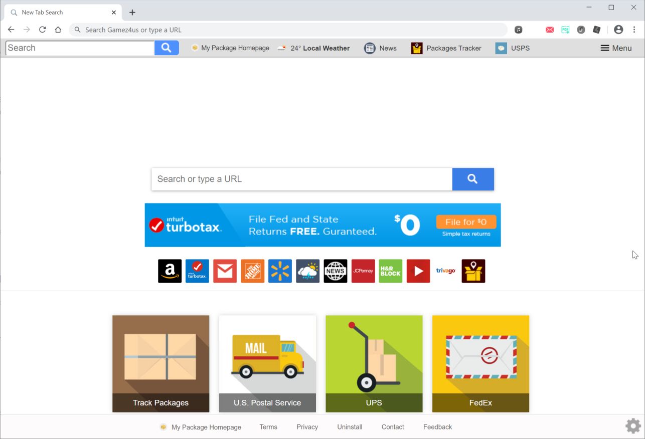 Image: Chrome browser is redirected to search.hmypackagehomepage.com