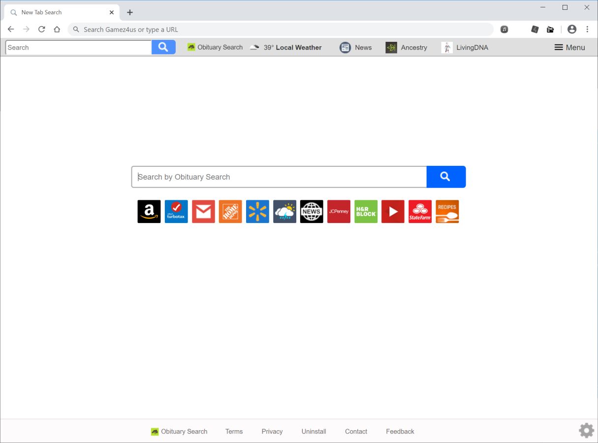 Image: Chrome browser is redirected to search.newobituarysearchtab.com