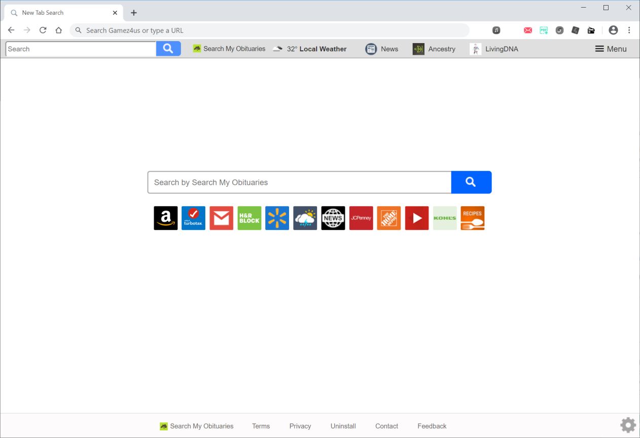 Image: Chrome browser is redirected to Search My Obituaries