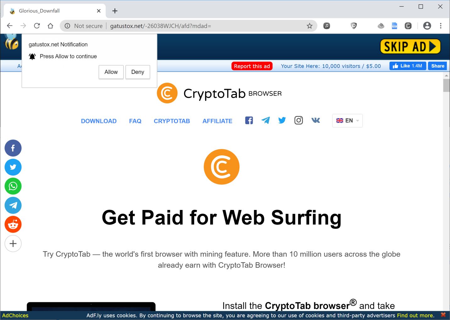 Image: Chrome browser is redirected to Gatustox.net