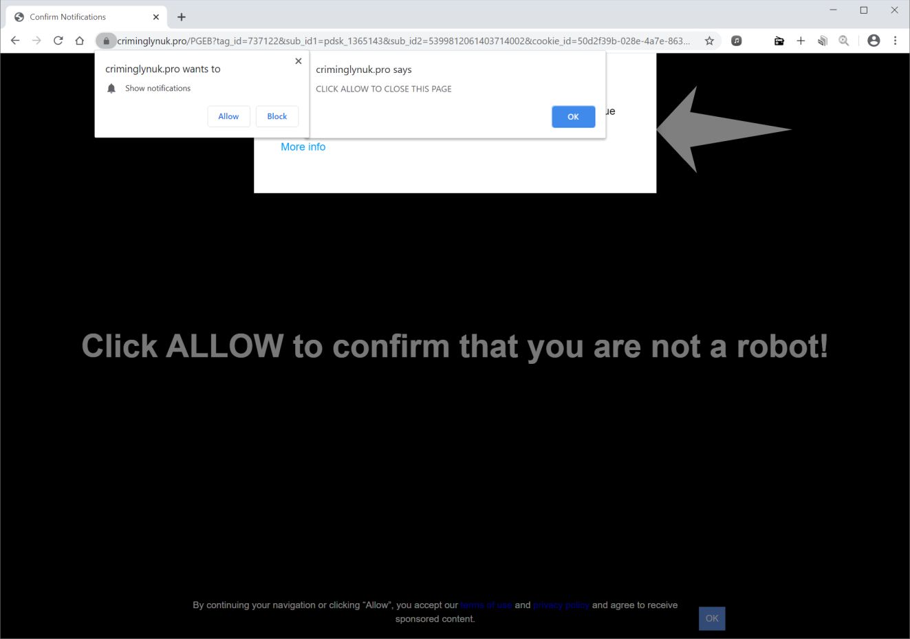 Image: Chrome browser is redirected to Criminglynuk.pro