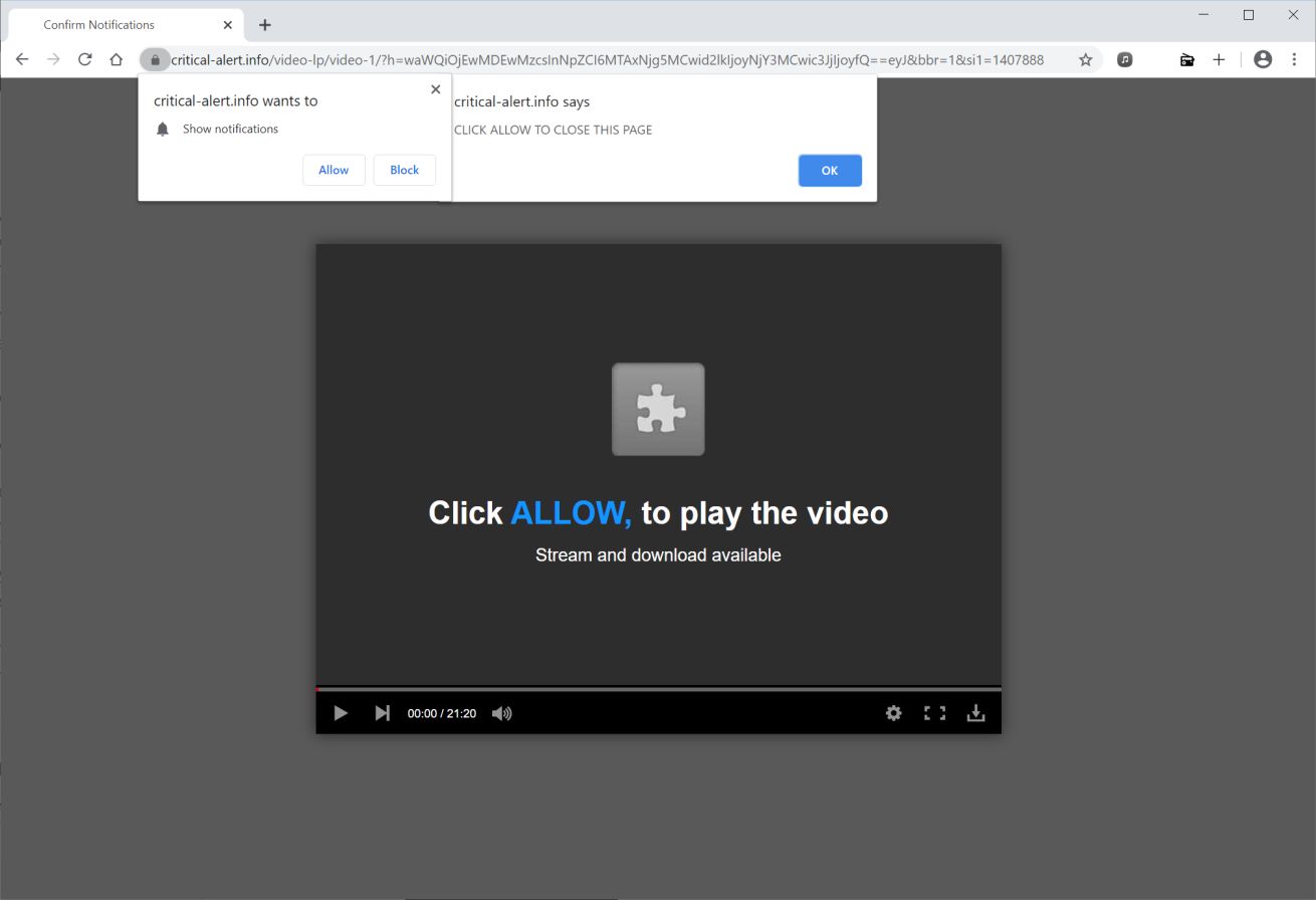 Image: Chrome browser is redirected to Critical-alert.info