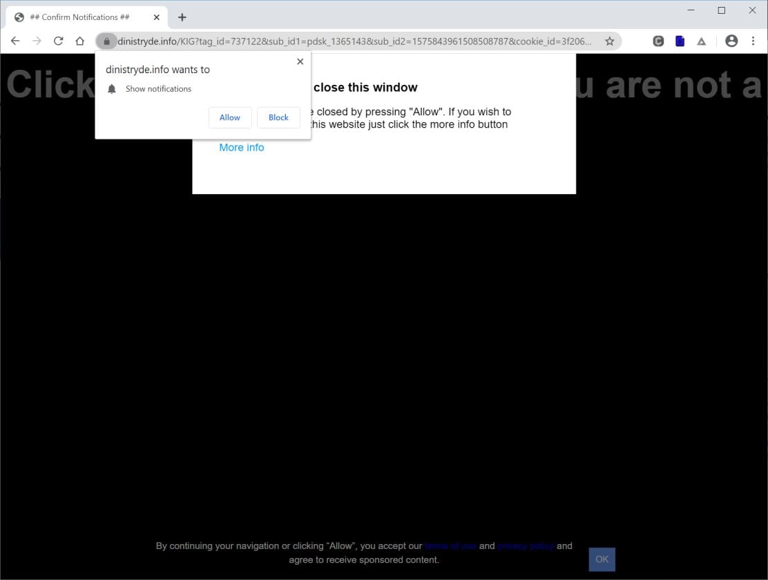 Image: Chrome browser is redirected to Dinistryde.info